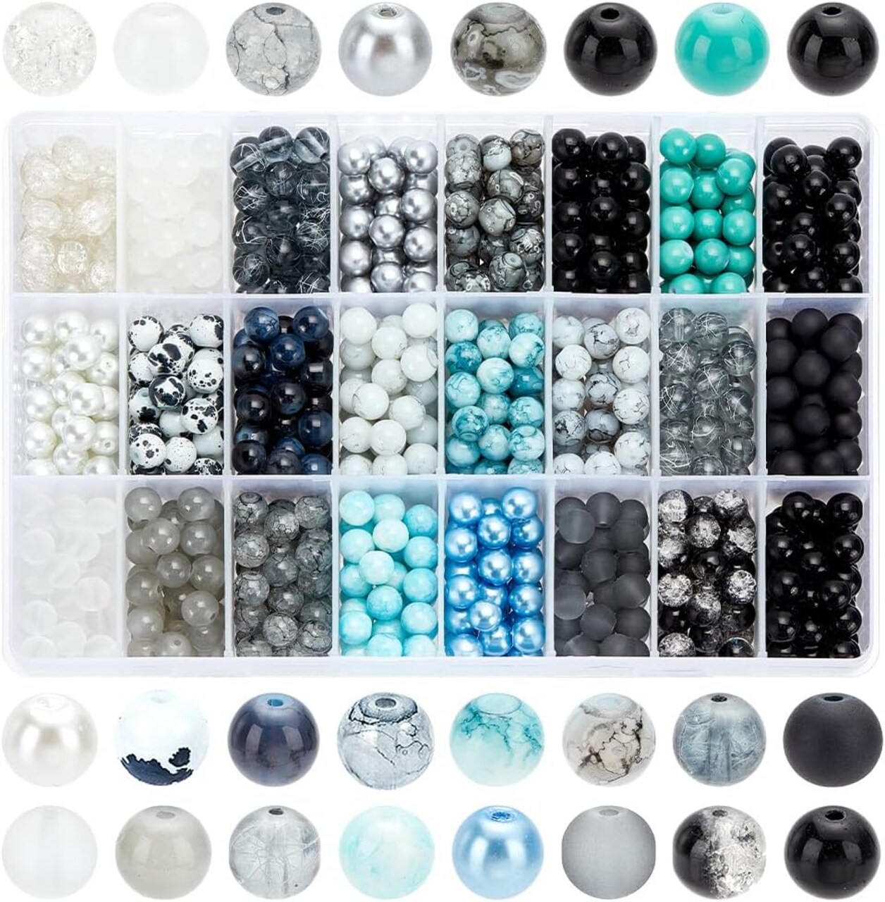 1080pcs 8mm Glass Beads 24 Color Black Bracelet Beads Rosary Beads Round Marble Loose Beads Crystal Spacers